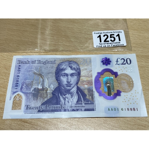 1251 - RARE 1ST RUN £20 POUND NOTE AA01618881