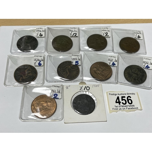 456 - 10 COLLECTABLE GRADE PENNIES IN SLEEVES