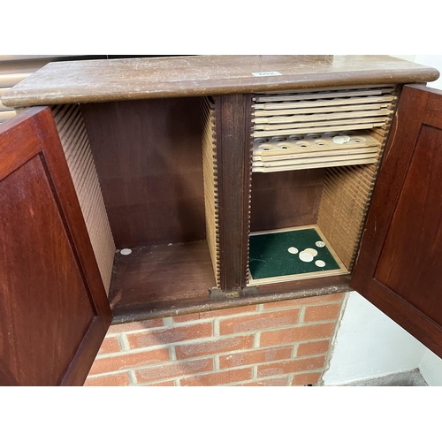 602 - VINTAGE COIN CABINET WITH SOME TRAYS 24” WIDE X 9” DEEP X 18” TALL NO KEY