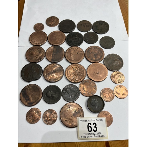 63 - ASSORTED CARTWHEEL & OTHER COPPER ALL IN WORN CONDITION