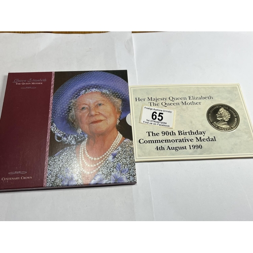 65 - QUEEN MOTHER CENTENARY CROWN & 90TH BIRTHDAY COMMEMORATIVE MEDAL