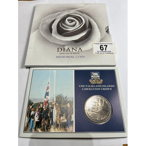 67 - DIANA MEMORIAL 5 POUND COIN WITH A FALKLAND ISLANDS LIBERATION CROWN