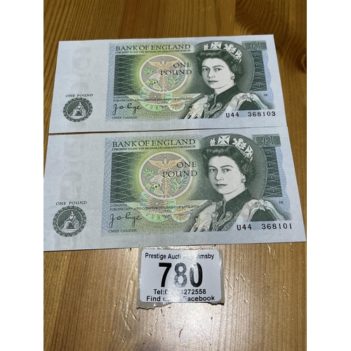 780 - 2 UNCIRCULATED 1 POUND NOTES PAGE U44368103-01