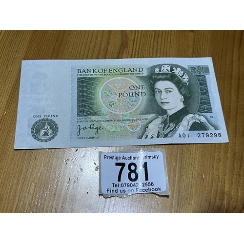 781 - PAGE 1 POUND NOTE AO1279298 EARLY GOOD CONDITION