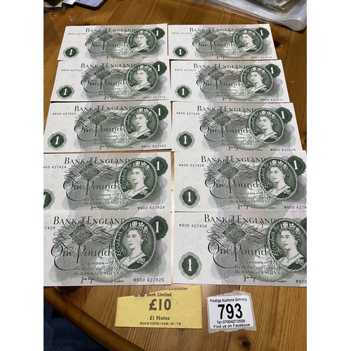 793 - 10 PAGE UNCIRCULATED 1 POUND NOTES W80D427421-30