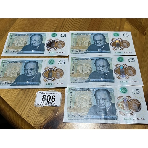 806 - 5 X 5 POUND NOTES AA, AB, AC, AD, AE