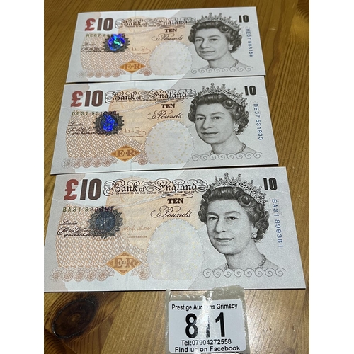 811 - 3 UNCIRCULATED 10 POUND NOTES