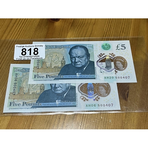 818 - 2 X POLYMOR 5 POUND NOTES AH AND SAME NUMBERS