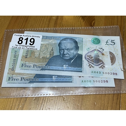 819 - 2 X POLYMOR 5 POUND NOTES AH AND SAME NUMBERS