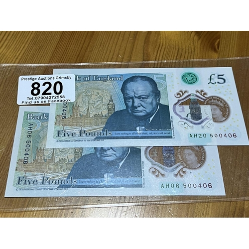 820 - 2 X POLYMOR 5 POUND NOTES AH AND SAME NUMBERS