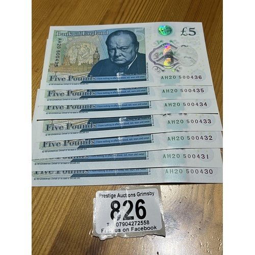 826 - 7 X UNCIRCULATED POLYMOR 5 POUND NOTES CONSECUTIVE