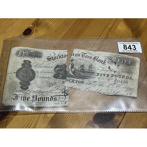 843 - STOCKTON TEES BANK WHITE 5 POUND NOTE CUT SIGNATURE