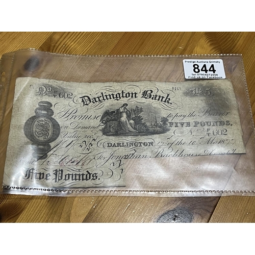 844 - DARLINGTON BANK WHITE 5 POUND NOTE CUT SIGNATURE