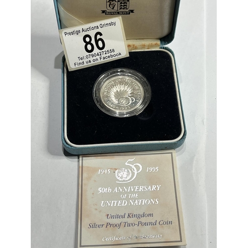 86 - ROYAL MINT SILVER PROOF 2 POUND COIN 50TH ANNIVERSARY NITED NATIONS
