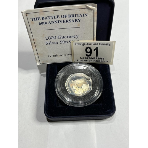 91 - WESTMINSTER MINT 2000 GUERNSEY BATTLE OF BRITAIN SILVER 50P COIN
