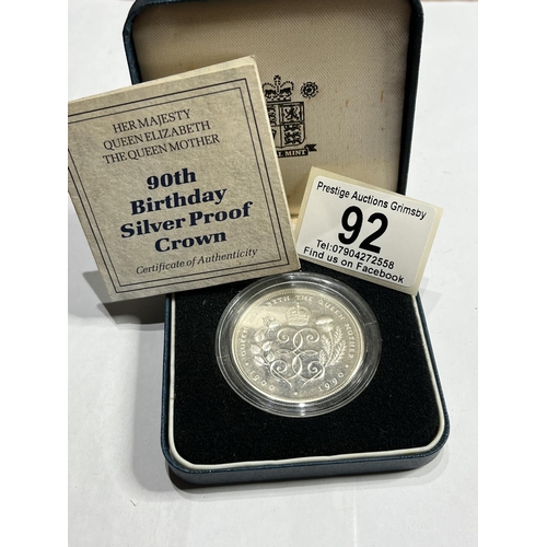 92 - ROYAL MINT QUEEN ELIZABETH 2ND 90TH BIRTHDAY SILVER PROOF CROWN