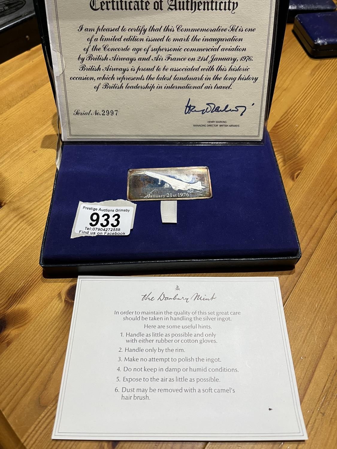 DANBURY MINT 1976 CONCORDE HALLMARKED SILVER INGOT