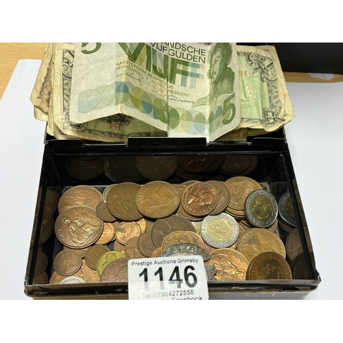 1146 - CASH TIN OF ASSORTED COINS & NOTES