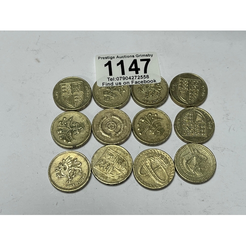 1147 - 12 ASSORTED OLD £1 COINS