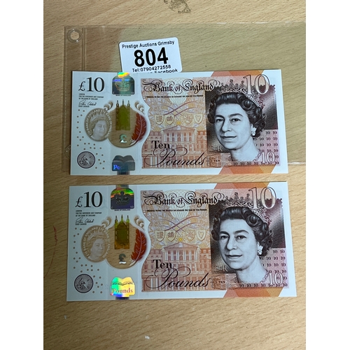 804 - 2 CONSECUTIVE 10 POUND NOTES AA43207145-6