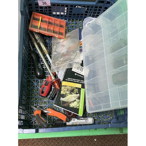 36 - BASKET OF ASSORTED FISHING PLIERS & TOOLS