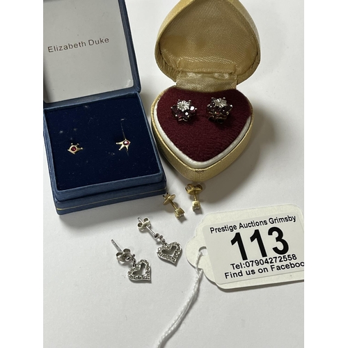 113 - 4 SETS OF EARRINGS INCLUDING DIAMONDS 9CT GOLD TOAL WEIGHT 6.94 GRAMS AND A NECKLACE & PENDANT