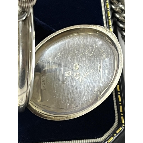 125 - STUNNING STERLING SILVER HALF HUNTER POCKET WACH WITH WALTER BART COOK SILVER WATCH CHAIN WHICH WEIG... 