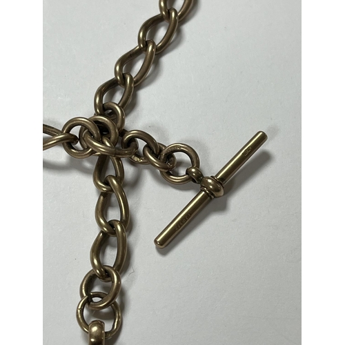 132 - STUNNING ANTIQUE 9CT ROSE GOLD WATCH CHAIN WITH FOB & T-BAR 67.28 GRAMS