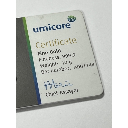 133 - UMICORE 10 GRAMS FINE GOLD INVESTMENT BAR