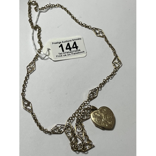 144 - 9CT GOLD NECKLACE & LOCKET 26”   19.66 GRAMS