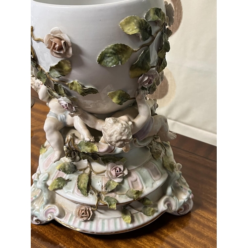 165 - EARLY CHERUB VASE/CENTRE PIECE BOWL WHICH HAS 3 CHERUBS HOLDING THE BOWL VERALL GOOD CONDITION AS SE... 