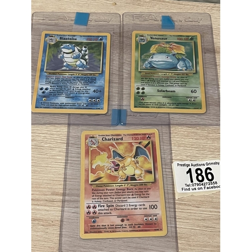 186 - POKÉMON BASE SET TOP 3 CHARIZARD, BLASTOISE & VENUSAUR UNGRADED GOOD-GREAT CONDITION (GRADING POTENT... 