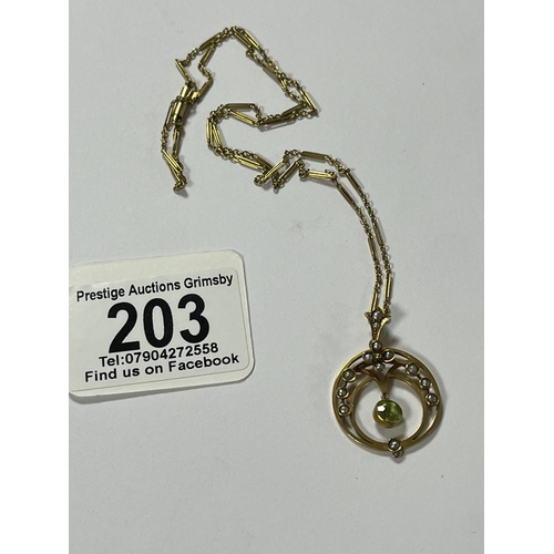 203 - EDWARDIAN, ART NOUVEAU STYLE SEED PEARL & PERIDOT PENDANT ON 18” CHAIN ALL 9CT GOLD 5 GRAMS