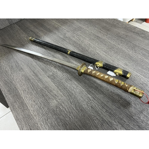 224 - JAPANESE KATANA WITH 65CM SINGLE EDGED SLIGHTL CURVED BLADE, COPPER TSUBA, BRAID BOUND HILT WITH BRA... 