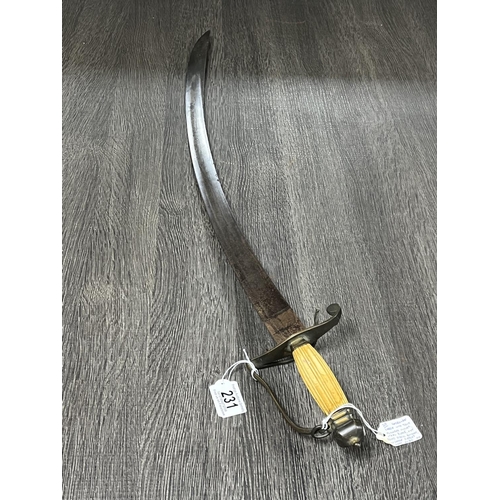 231 - GEORGIAN SABRE WITH 76CM FULLERED CURVED STEEL BLADE, GILT BRASS SCROLL, QUILLON LOZENGE PIERCED CRO... 