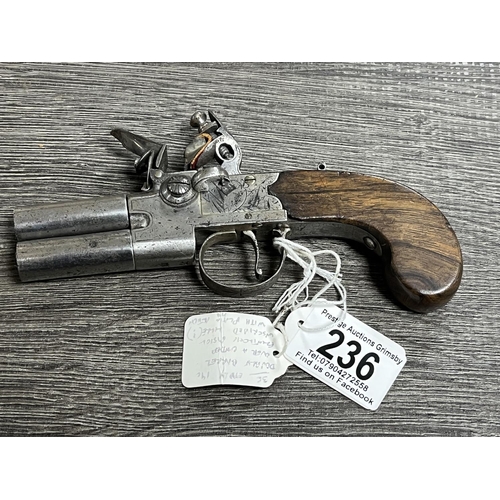 236 - EARLY 19TH CENTURY DOUBLE OVER & UNDER FLINT LOCK PISTOL WITH INSCRIBED HLLE? WITH PLAIN ACTION WALN... 