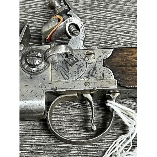 236 - EARLY 19TH CENTURY DOUBLE OVER & UNDER FLINT LOCK PISTOL WITH INSCRIBED HLLE? WITH PLAIN ACTION WALN... 