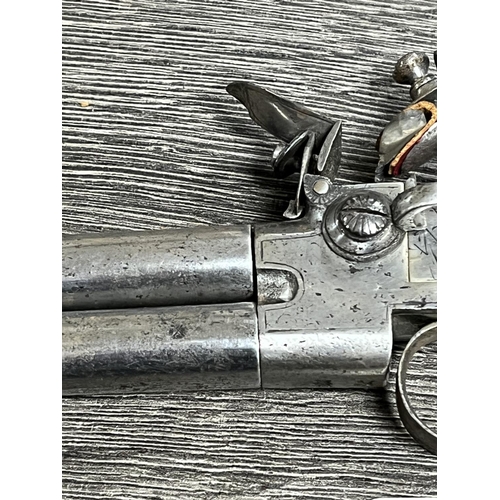 236 - EARLY 19TH CENTURY DOUBLE OVER & UNDER FLINT LOCK PISTOL WITH INSCRIBED HLLE? WITH PLAIN ACTION WALN... 