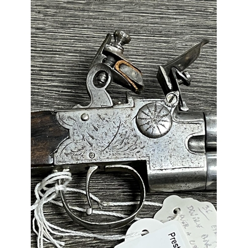 236 - EARLY 19TH CENTURY DOUBLE OVER & UNDER FLINT LOCK PISTOL WITH INSCRIBED HLLE? WITH PLAIN ACTION WALN... 