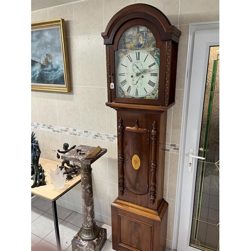 242 - WALNUT FINISH LONG CASE CLOCK ROBT CRINGAN CARLUKE STUNNING FACE, CLOCK NEEDS A SERVICE ONE PIECE OF... 