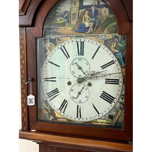 242 - WALNUT FINISH LONG CASE CLOCK ROBT CRINGAN CARLUKE STUNNING FACE, CLOCK NEEDS A SERVICE ONE PIECE OF... 