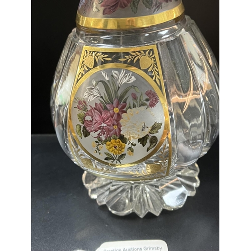 43 - VICTORIAN MOSER HAND PAINTED DECANTER IN STUNNING CONDITION.PAINTED FLOWERS TO THE NECK AND CENTRE W... 