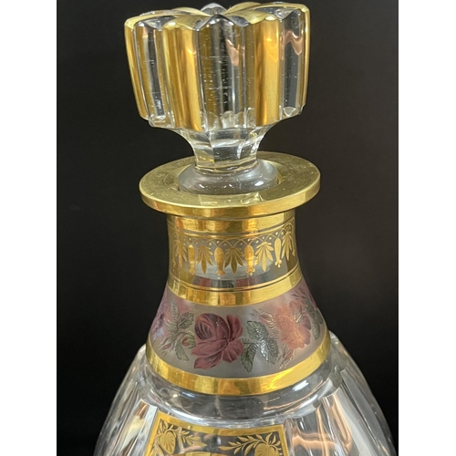 43 - VICTORIAN MOSER HAND PAINTED DECANTER IN STUNNING CONDITION.PAINTED FLOWERS TO THE NECK AND CENTRE W... 