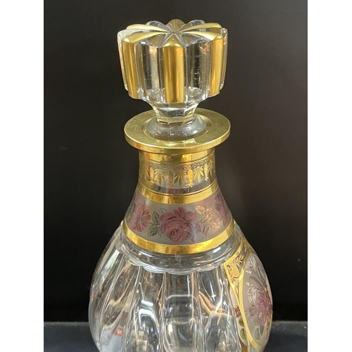 43 - VICTORIAN MOSER HAND PAINTED DECANTER IN STUNNING CONDITION.PAINTED FLOWERS TO THE NECK AND CENTRE W... 