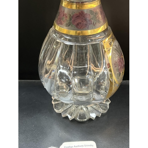 43 - VICTORIAN MOSER HAND PAINTED DECANTER IN STUNNING CONDITION.PAINTED FLOWERS TO THE NECK AND CENTRE W... 