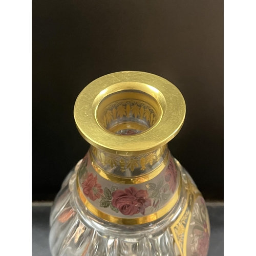 43 - VICTORIAN MOSER HAND PAINTED DECANTER IN STUNNING CONDITION.PAINTED FLOWERS TO THE NECK AND CENTRE W... 