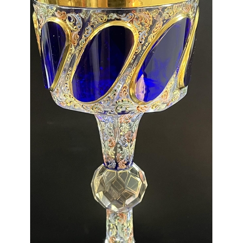 44 - LARGE MOSER TRICOLOURED ENAMELLED CRYSTAL GOBLET CIRCA 1890 FEATURES DIAGONAL PANELS BORDERED WITH G... 