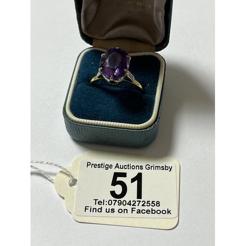 51 - 18CT GOLD RING WITH LARGE AMETHYST & 6 SMALL SHOULDER DIAMONDS SIZE V WEIGHS 6.53 GRAMS