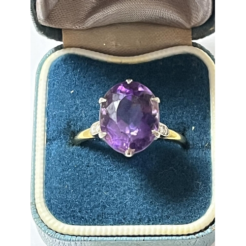 51 - 18CT GOLD RING WITH LARGE AMETHYST & 6 SMALL SHOULDER DIAMONDS SIZE V WEIGHS 6.53 GRAMS