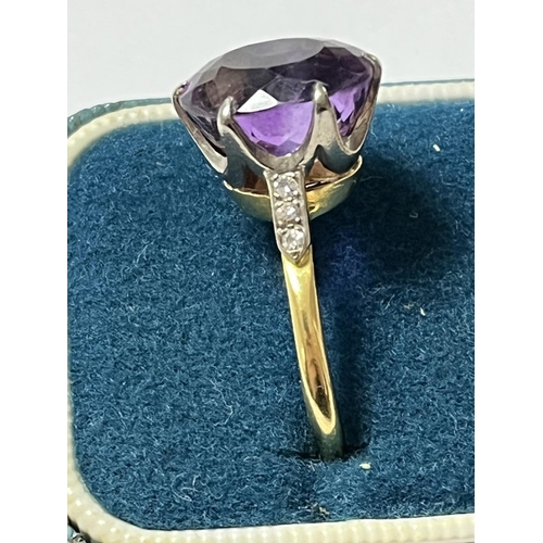 51 - 18CT GOLD RING WITH LARGE AMETHYST & 6 SMALL SHOULDER DIAMONDS SIZE V WEIGHS 6.53 GRAMS